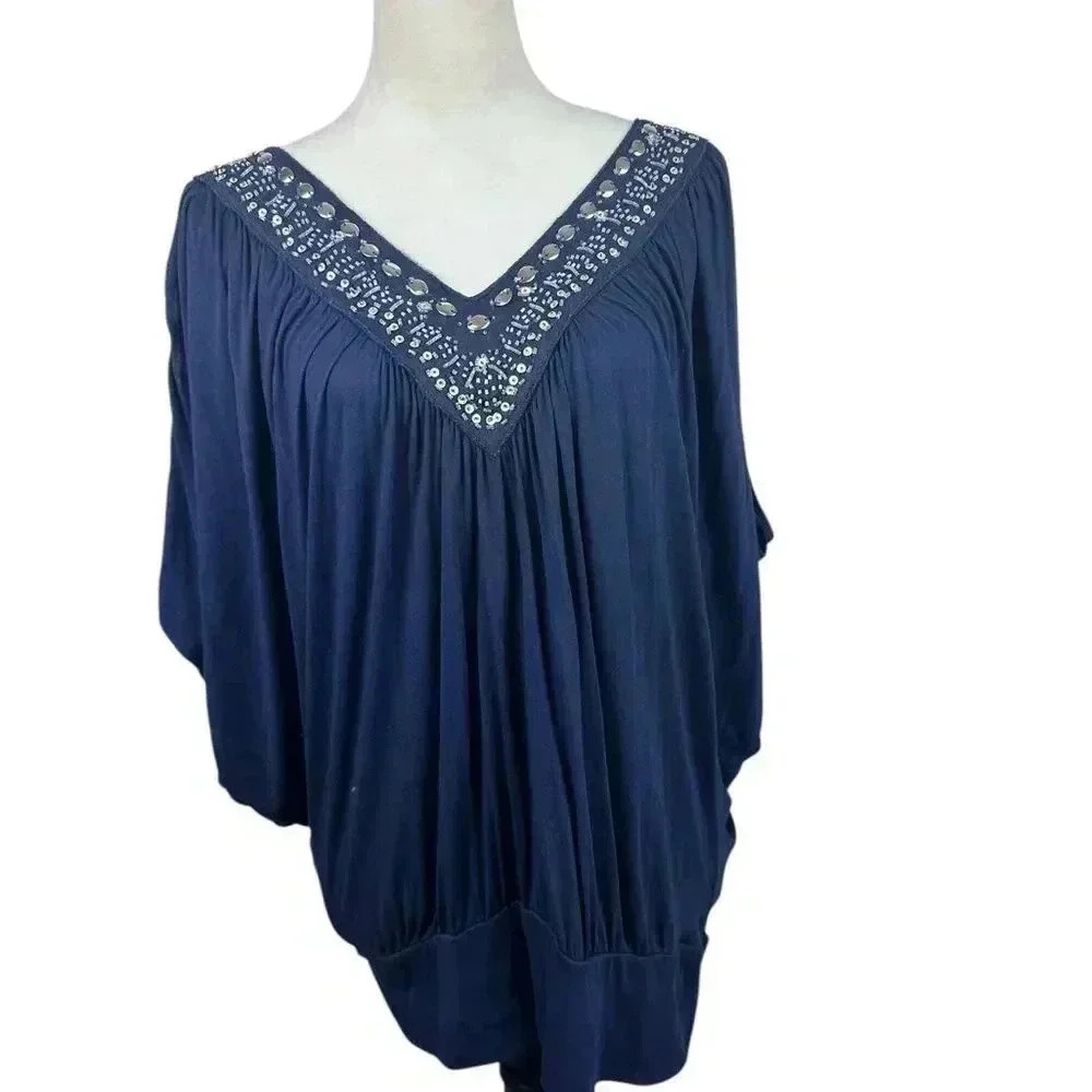 White House Black Market blue embellished v neck top size medium